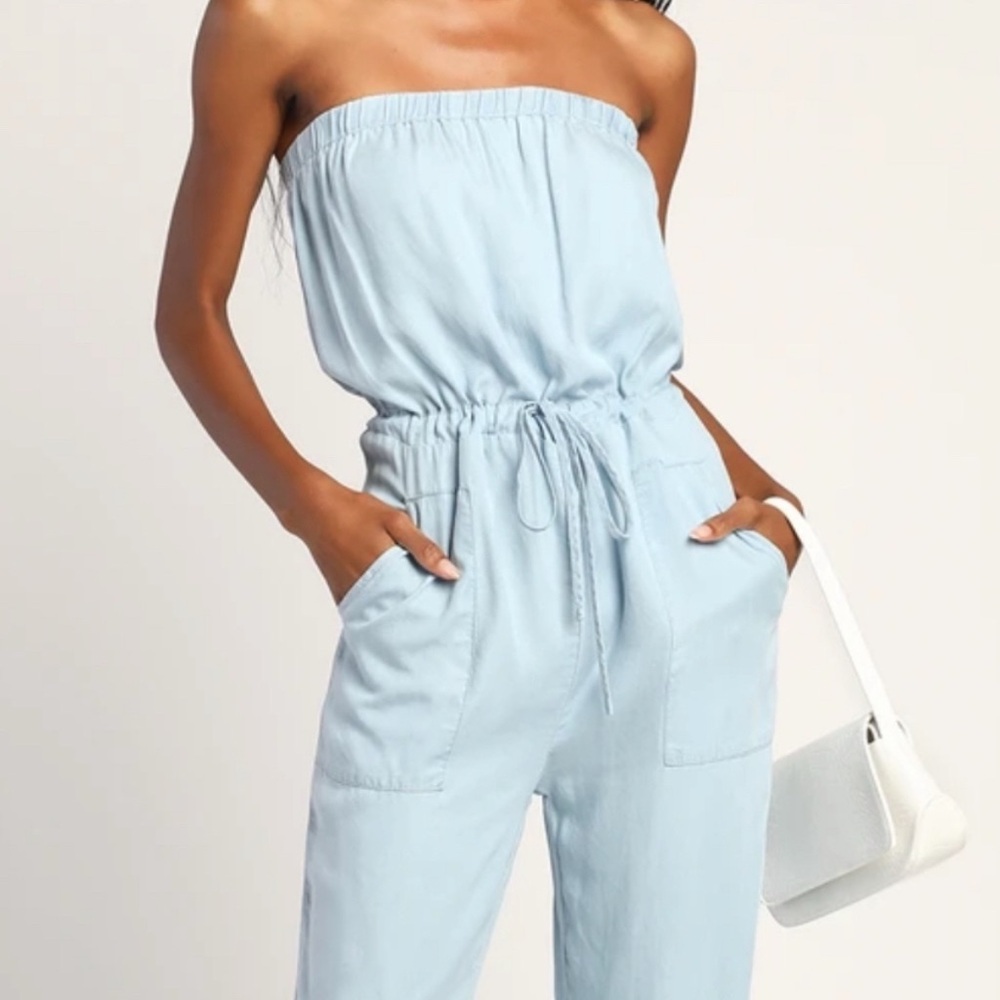 Lulus Best days out Chambray Strapless Jumpsuit XS